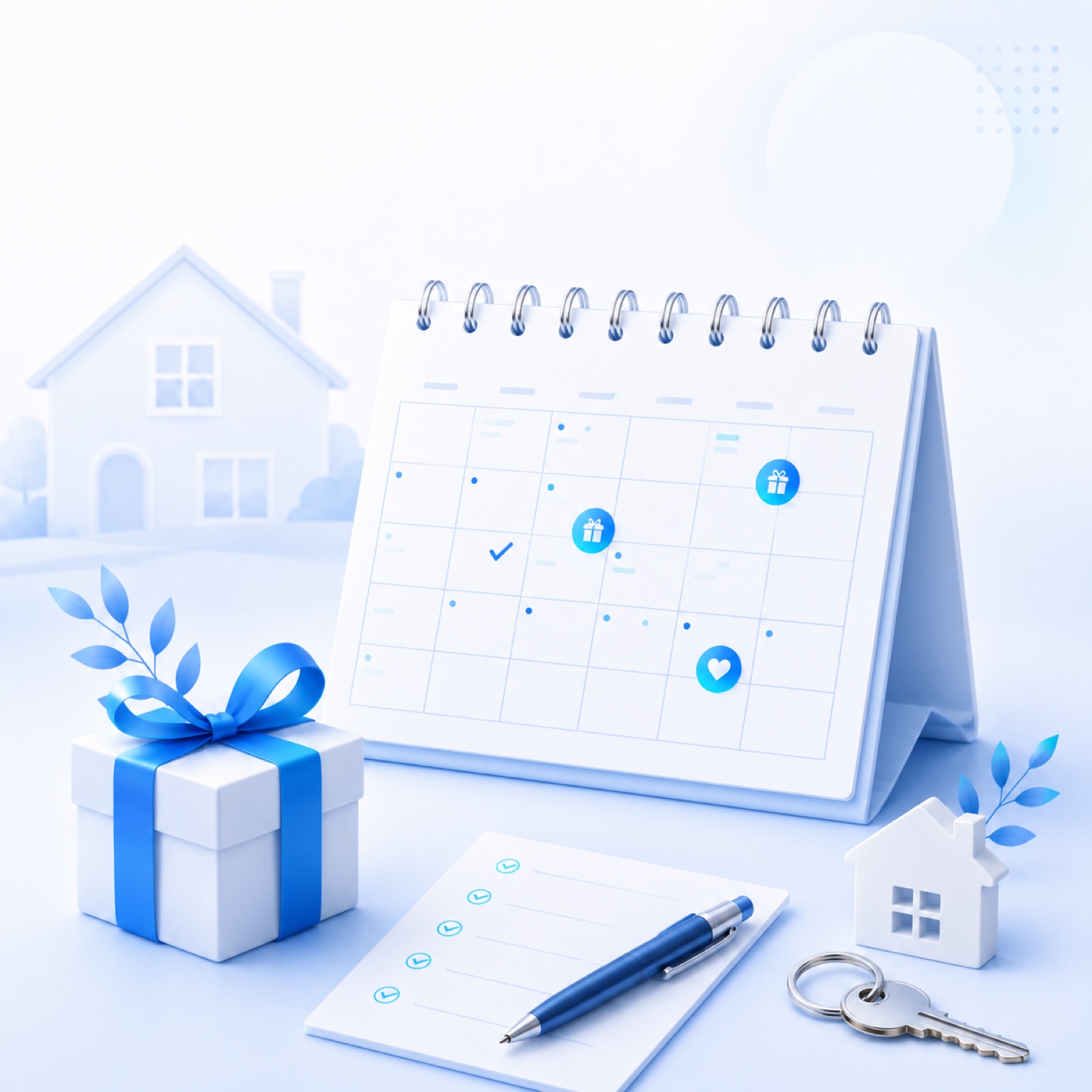 An annual client touchpoint calendar shown as a desktop calendar resting on a soft blue surface next to a wrapped gift, a thank-you envelope, and a small house, visualizing one of the paid Full System deliverables sent by email.