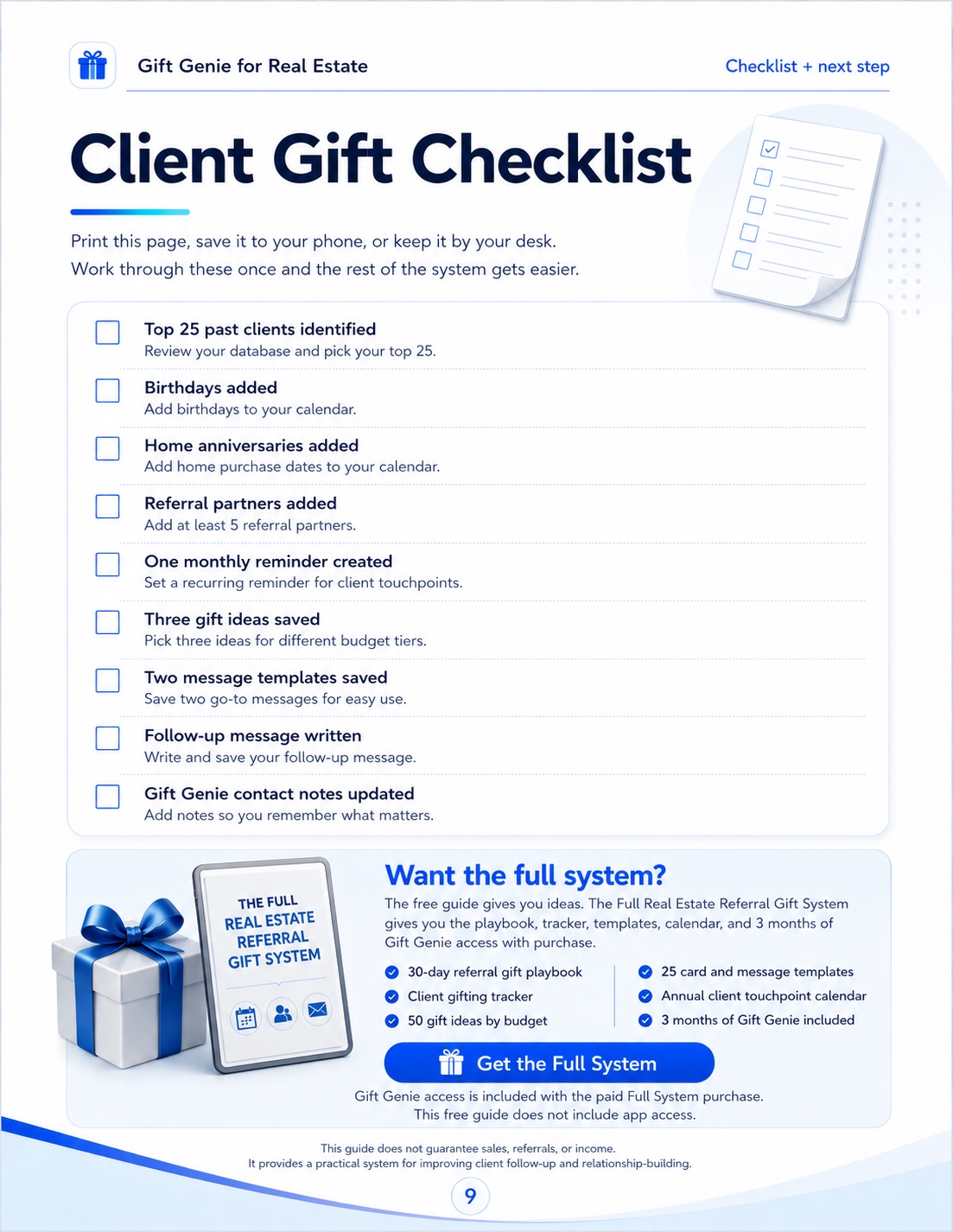Preview of page 9 of the free PDF: a printable Client Gift Checklist with nine checkbox rows for organizing past clients, dates, referral partners, and message templates.