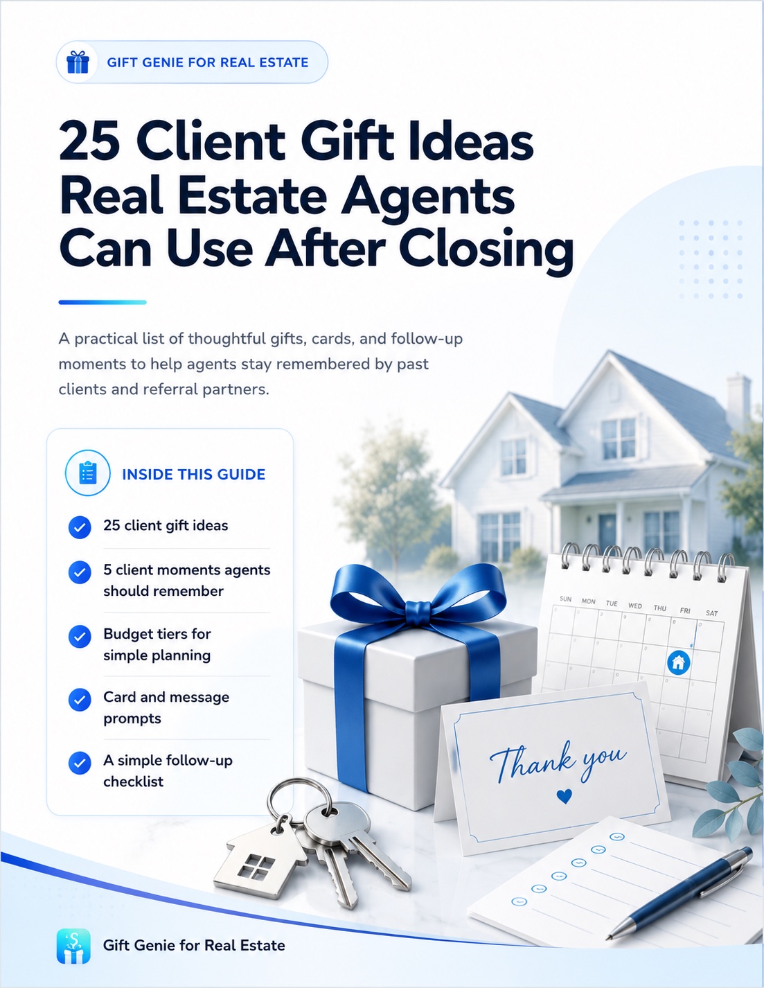 Preview of page 1 of the free PDF: the cover page titled '25 Client Gift Ideas Real Estate Agents Can Use After Closing' with an Inside This Guide preview box and a brand-blue cover scene.