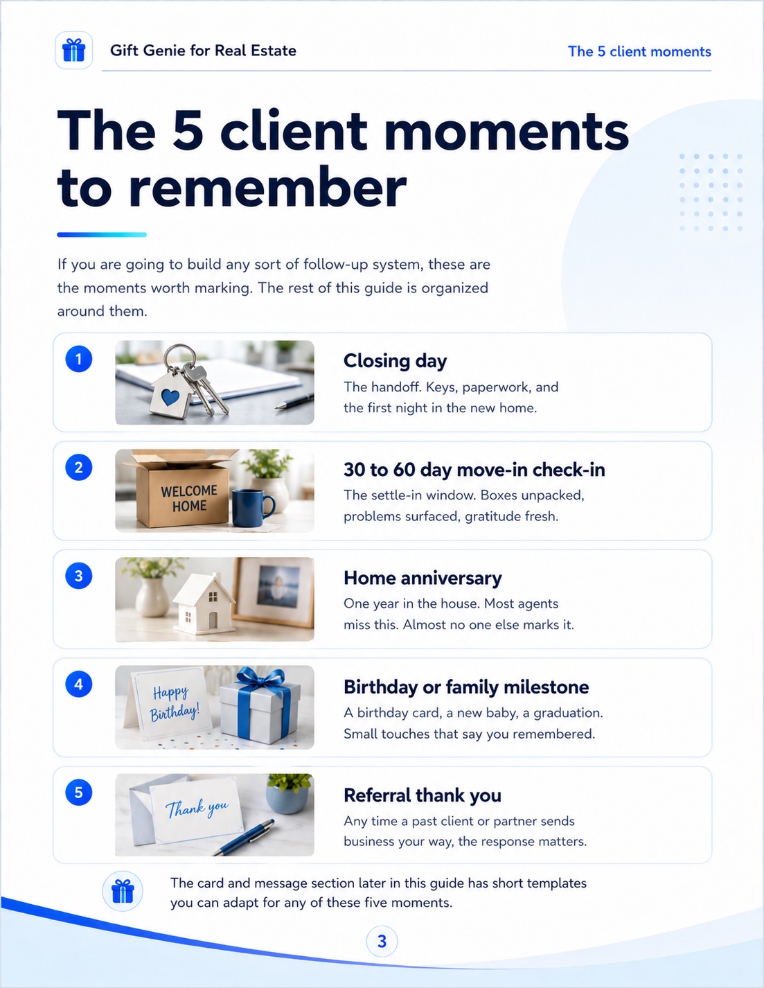 Preview of page 3 of the free PDF: the 5 client moments to remember, shown as five horizontal cards for closing day, move-in check-in, home anniversary, birthday or family milestone, and referral thank-you.