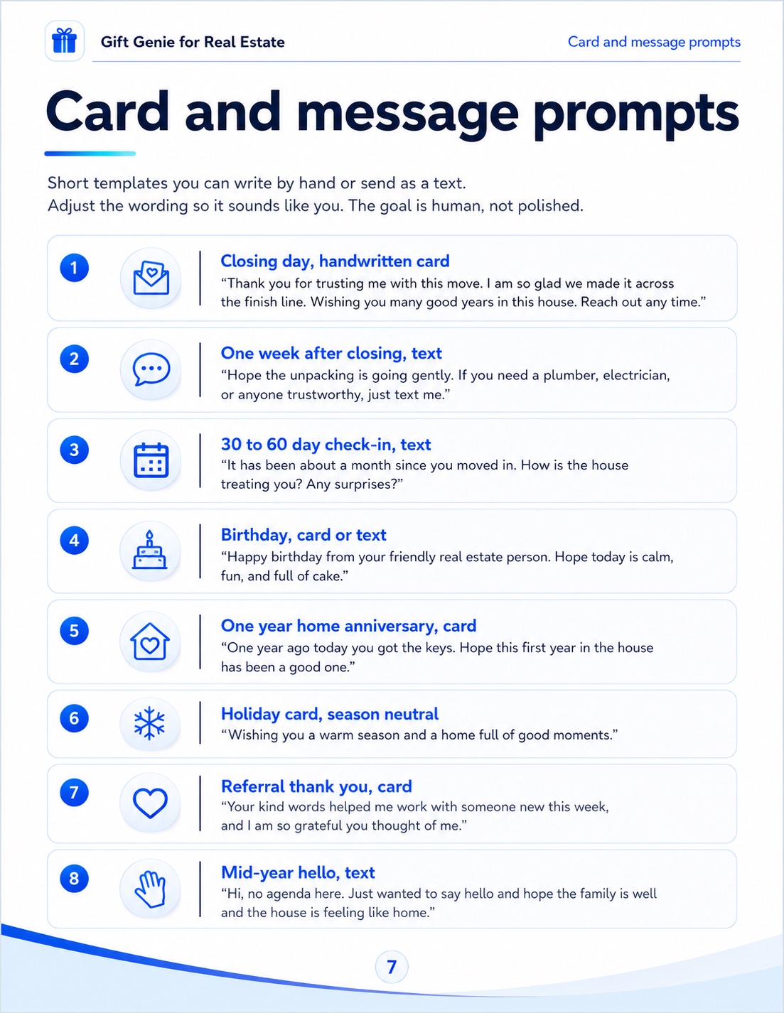Free PDF page showing 8 card and message prompts for closing day, anniversaries, referrals, and holiday touchpoints.