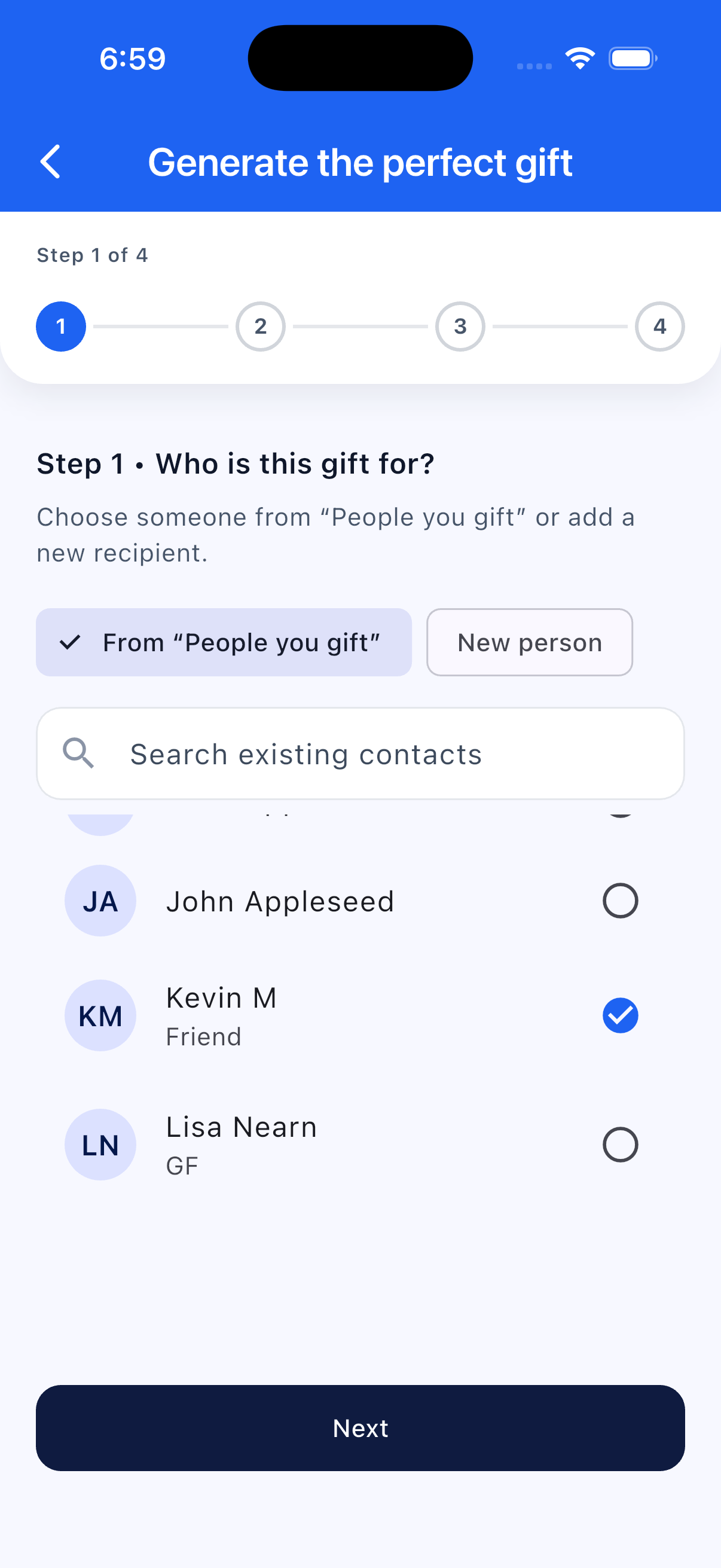 Choose a recipient from People you gift or add someone new