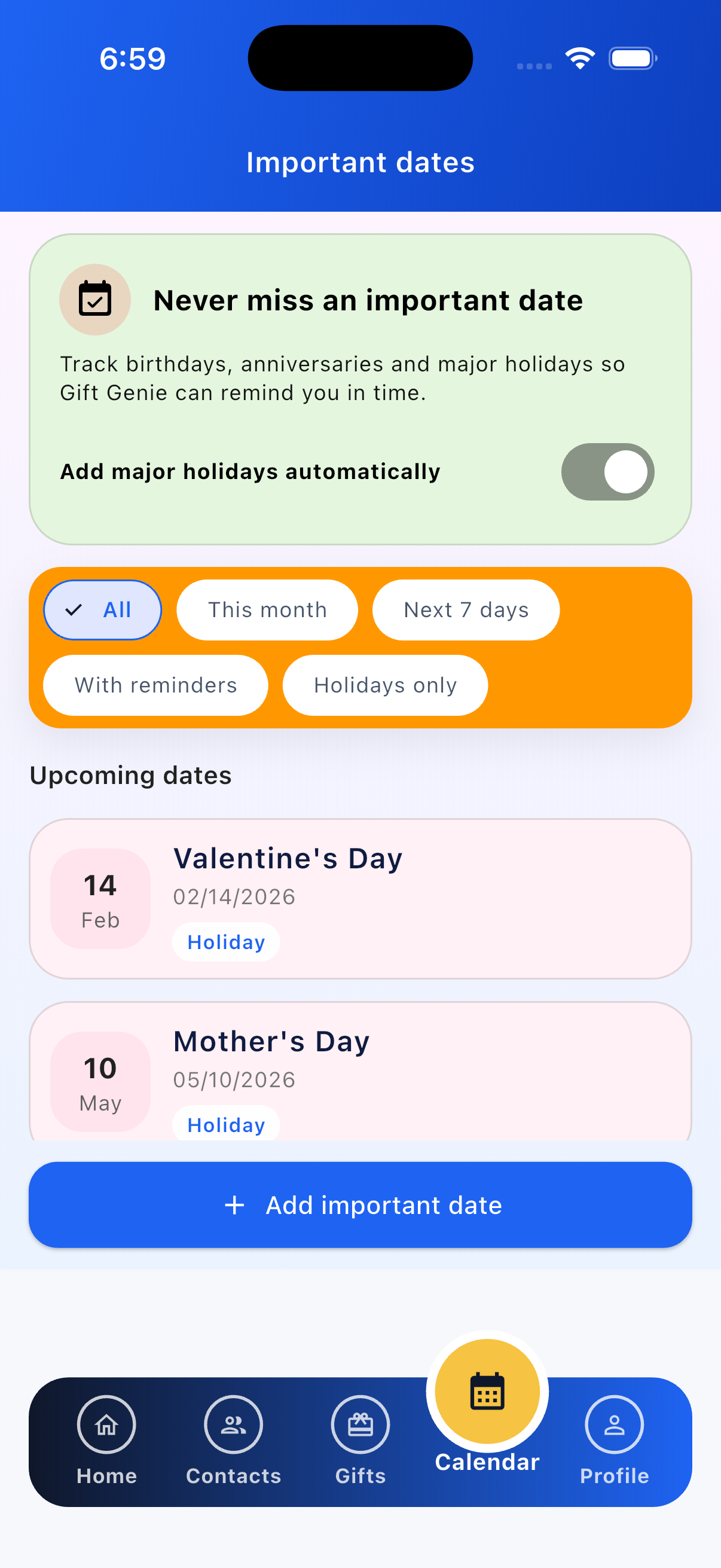 Important dates: birthdays, holidays, and reminders
