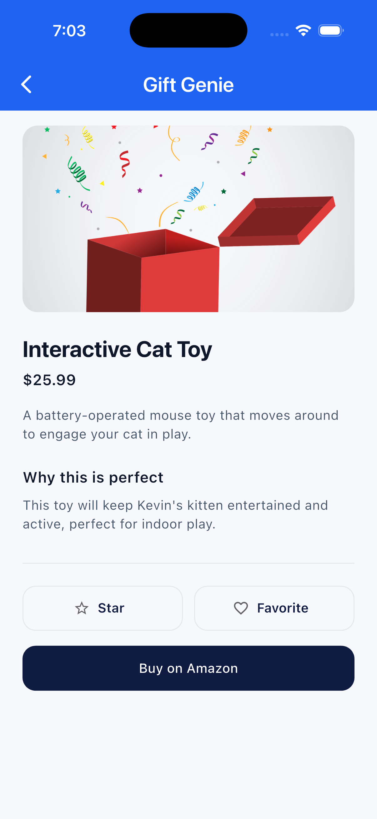 Gift detail with product info, price, and Buy on Amazon