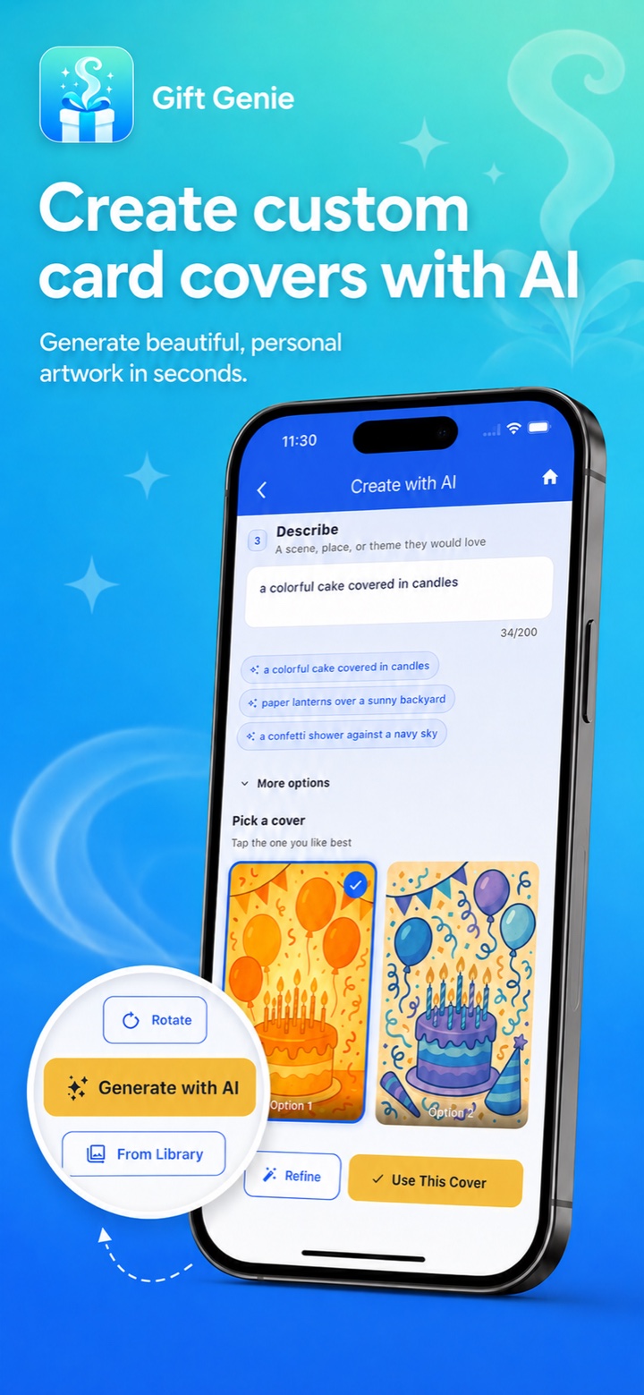 Create custom digital card covers with AI: tap a prompt and Gift Genie designs a one-of-a-kind cover image