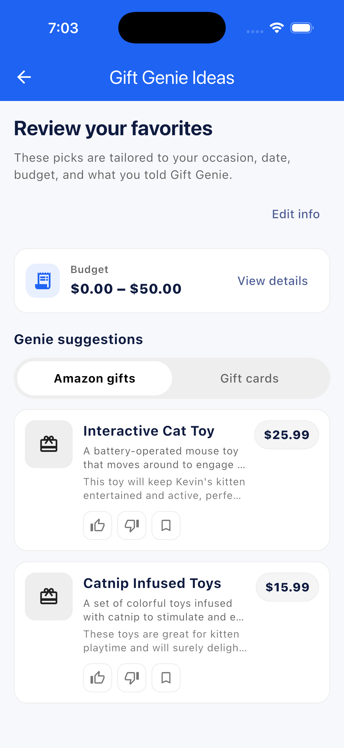 Genie suggestions tailored to occasion and budget