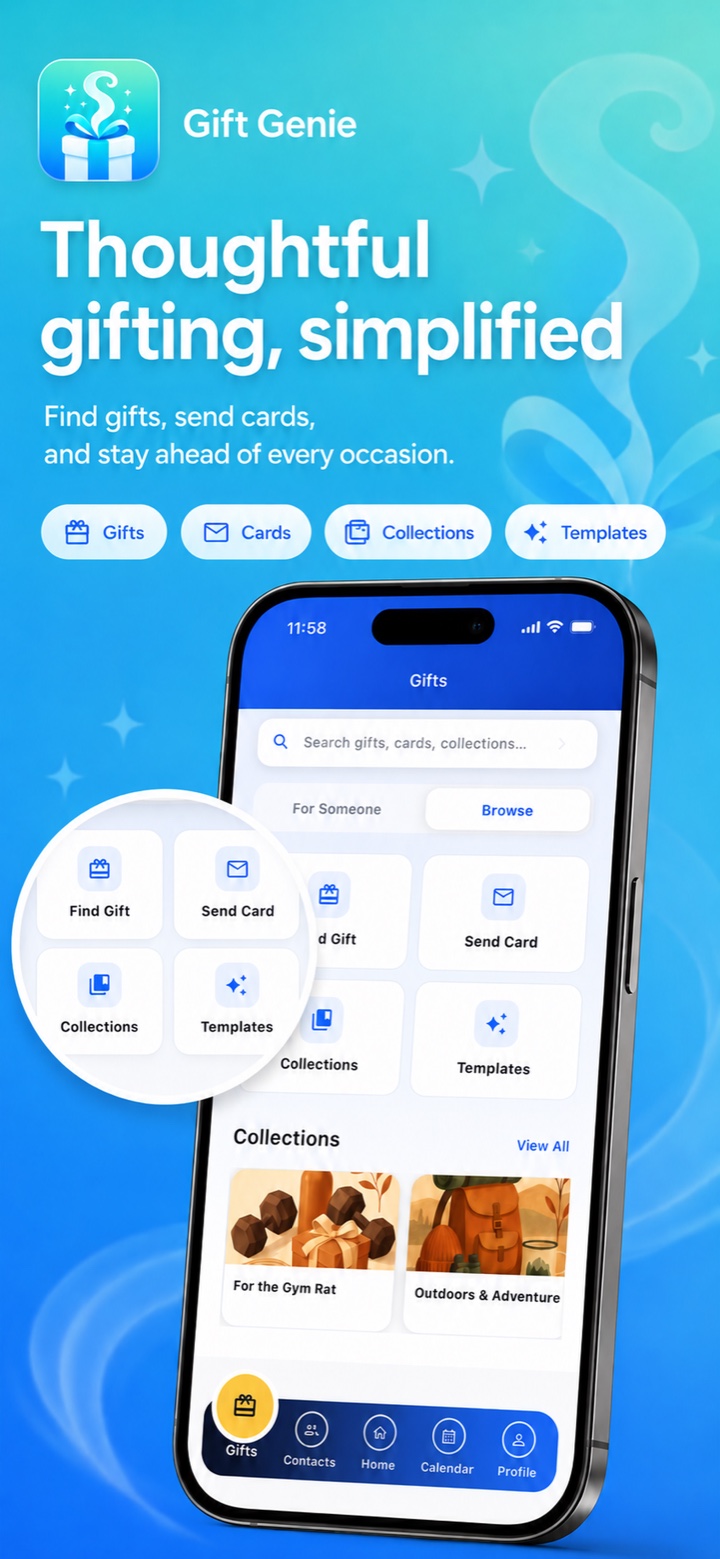 Gift Genie hero screen: thoughtful gifting simplified, with the AI gift wizard, saved people, and upcoming occasions all in one home view