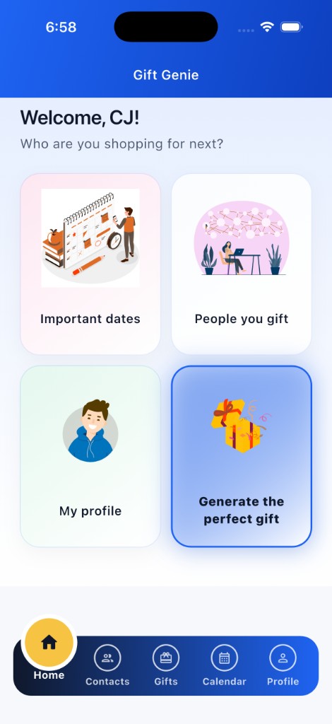 Gift Genie home screen: Welcome, quick links to Important dates, People you gift, My profile, and Generate the perfect gift